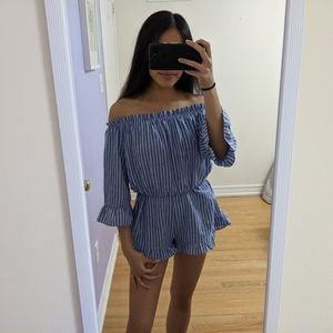 Stripped flounce ruffle off the shoulder romper